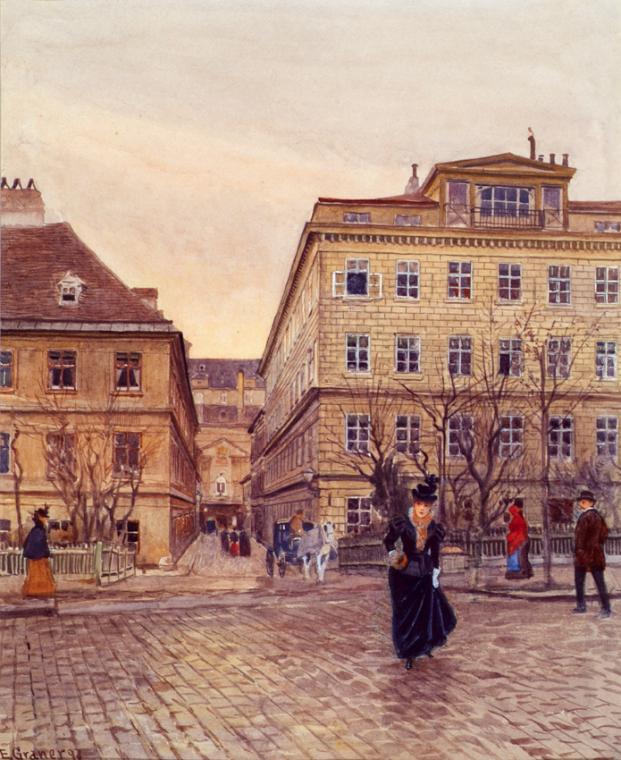 Ernst Graner, Der Getreidemarkt und die Papagenogasse in Wien, 1897, Aquarell auf Papier, 27,4 …