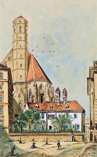Emil Hütter, Die Minoritenkirche in Wien, undatiert, Aquarell auf Papier, 18,7 × 11,6 cm, Belve…