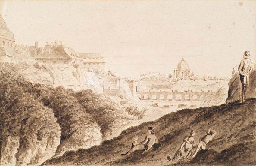 Franz Jaschke, Die Hofburg mit Stadtgraben, Burgtor und Brücke, 1809, Sepia, Feder, laviert auf…