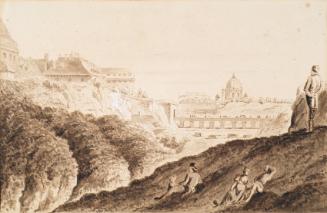 Franz Jaschke, Die Hofburg mit Stadtgraben, Burgtor und Brücke, 1809, Sepia, Feder, laviert auf…