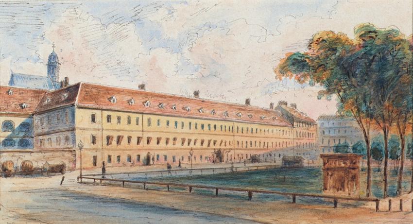 Emil Hütter, Die Salzgries-Kaserne, undatiert, Feder, Aquarell auf Papier, 9,5 × 17,7 cm, Belve…