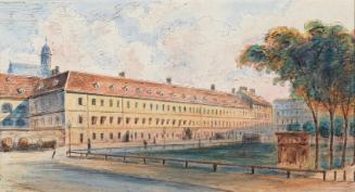 Emil Hütter, Die Salzgries-Kaserne, undatiert, Feder, Aquarell auf Papier, 9,5 × 17,7 cm, Belve…