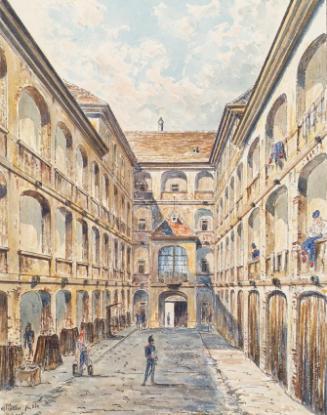 Emil Hütter, Der erste Hof der Salzgries-Kaserne in Wien, 1880, Feder, Aquarell auf Papier, 22,…