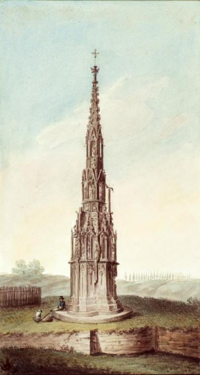 Franz (?) Kletzinsky, Die Gedenksäule bei Wiener Neustadt, Feder, Aquarell auf Papier, 29,5 × 1…