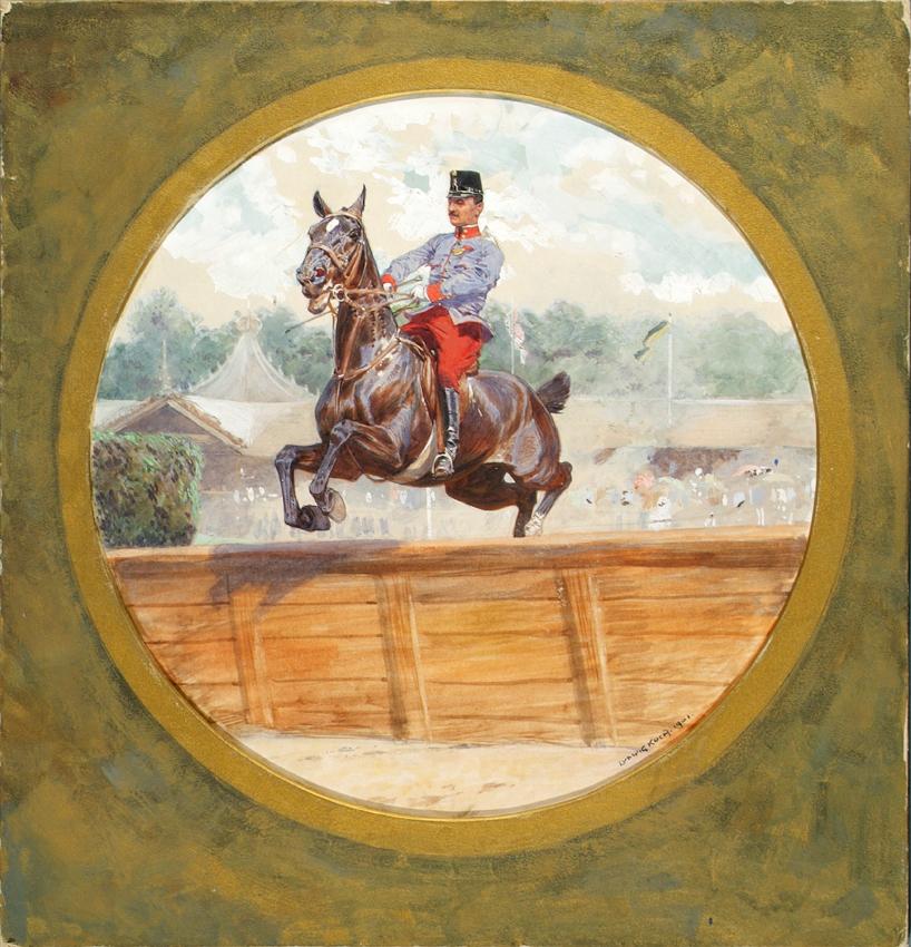 Ludwig Koch, Offiziers-Hürdenrennen in der Freudenau in Wien, 1901, Auqarell, Deckweiß auf Kart…