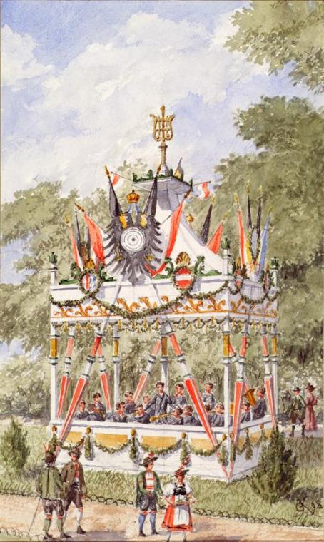 Gustav Korompay, Der Musikpavillion des Wiener Schützenfestes von 1898, 1898, Bleistift, Aquare ...