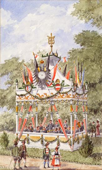 Gustav Korompay, Der Musikpavillion des Wiener Schützenfestes von 1898, 1898, Bleistift, Aquare…