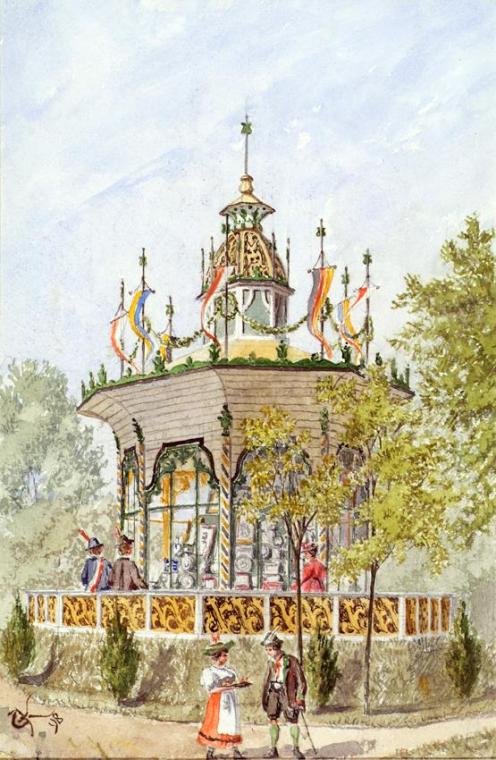 Gustav Korompay, Der Gabentempel des Wiener Schützenfestes von 1898, 1898, Bleistift, Aquarell …