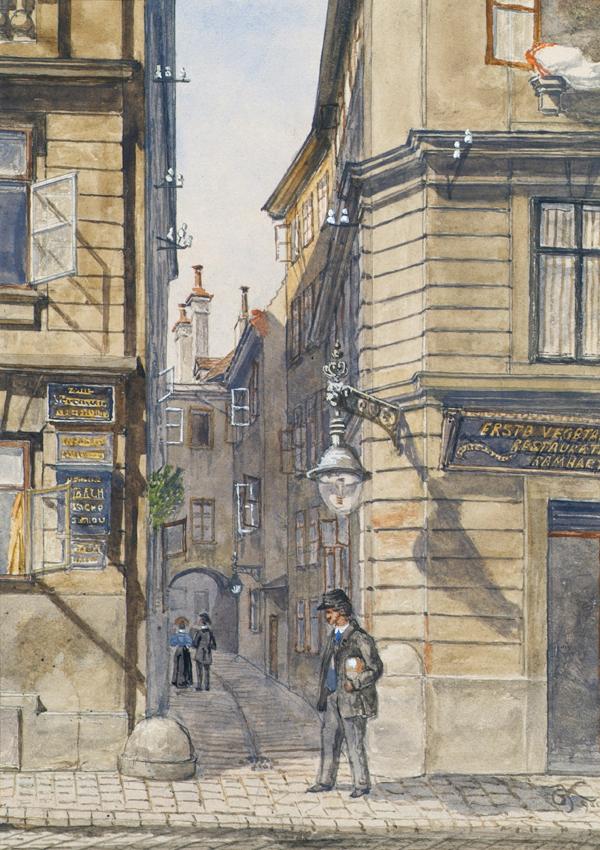 Gustav Korompay, Die Brunngasse mit dem ersten vegetarischen Restaurant in Wien, 1910, Aquarell…