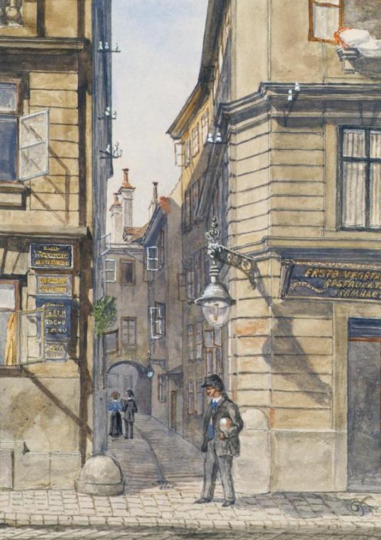 Gustav Korompay, Die Brunngasse mit dem ersten vegetarischen Restaurant in Wien, 1910, Aquarell…