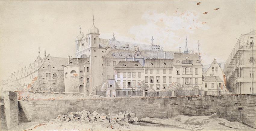 Heinrich Lang, Dominikanerkirche und -kloster in Wien, Bleistift, Deckweiß, Rötel auf Papier, 2…