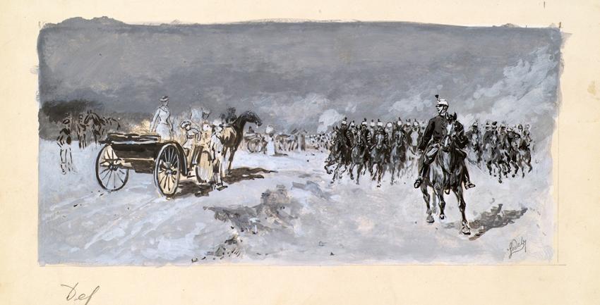 Moritz Ledeli, Defilierung auf der Schmelz in Wien, Bleistift, Aquarell und Deckweiß auf Papier…