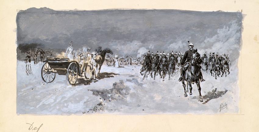 Moritz Ledeli, Defilierung auf der Schmelz in Wien, Bleistift, Aquarell und Deckweiß auf Papier…