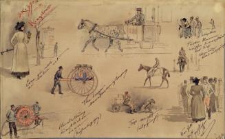 Moritz Ledeli, Wiener Typen 1883 (Skizzen von der Ringstraße), 1883, Feder laviert auf Papier, …