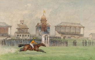 Moritz Ledeli, Pferderennen in der Freudenau in Wien 1884, 1884, Feder, Aquarell, Deckweiß auf …
