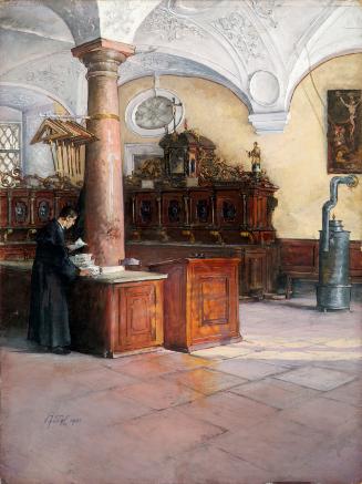 Alfred Edler von Pflügl, Die Sakristei der Universitätskirche in Wien, 1901, Tempera, gefirnist…