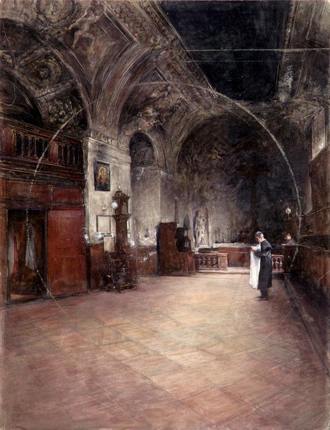 Alfred Edler von Pflügl, Die Sakristei der Stephanskirche in Wien, 1902, Tempera, gefirnist auf…