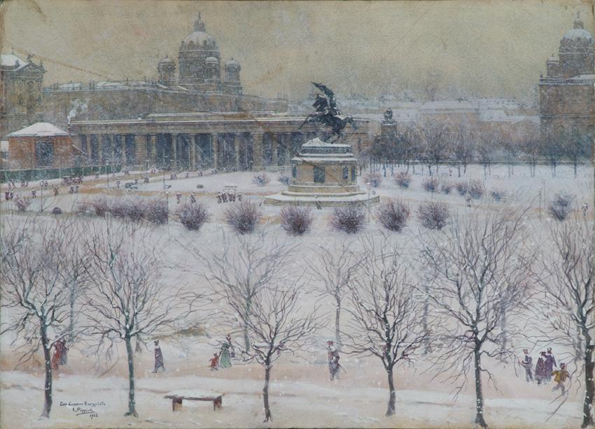 Carl Pippich, Der äußere Burgplatz in Wien im Winter, 1902, Tempera auf Papier, auf Karton aufg…