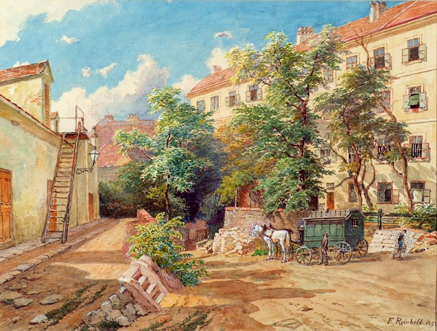 Franz Reinhold, Das Polizei-Gefangenenhaus in der Theobaldgasse in Wien, 1892, Aquarell auf Pap…