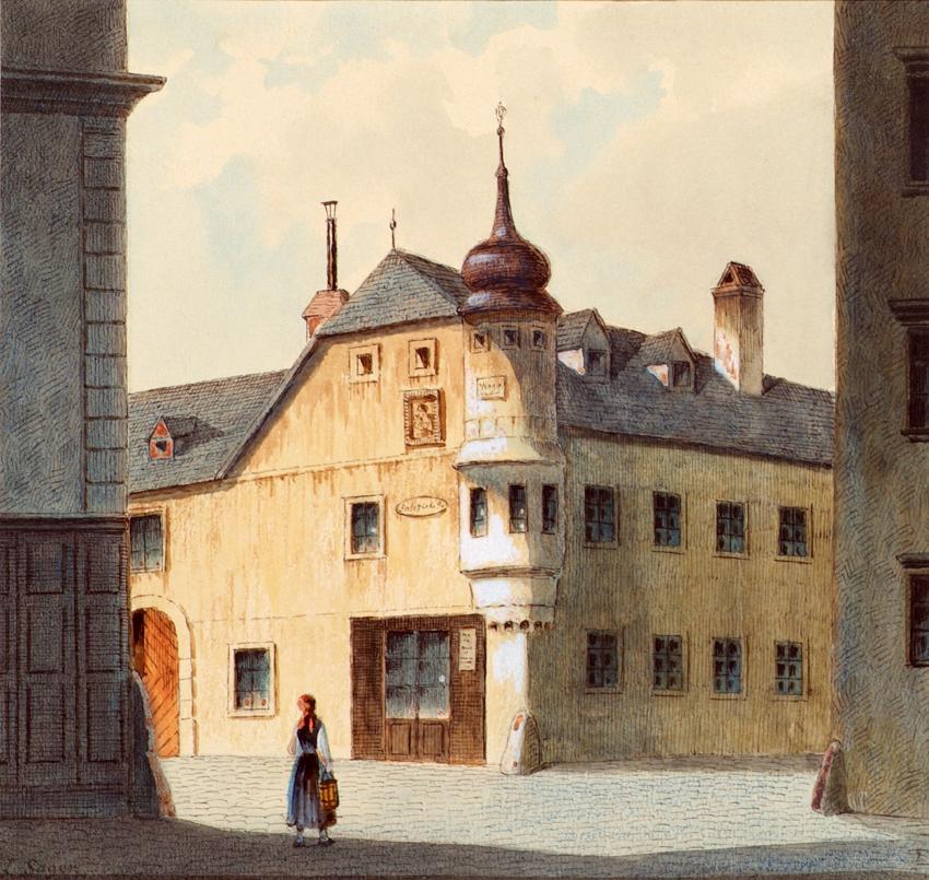Franz Sager, Das Alte Haus am Neubau in Wien, Feder, Aquarell und Deckweiß auf Papier, 15 × 15,…