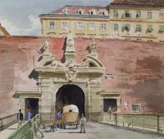 Unbekannter Künstler, Das alte Kärntnertor in Wien von außen, Aquarell auf Papier, 23,5 × 28 cm ...