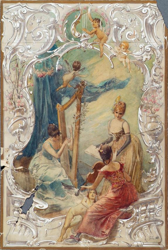 Eduard Veith, Gesang (Entwurf für ein Wandgemälde im Varieté Ronacher, Wien), 1888, Aquarell au…