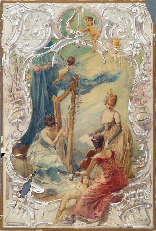 Eduard Veith, Gesang (Entwurf für ein Wandgemälde im Varieté Ronacher, Wien), 1888, Aquarell au…