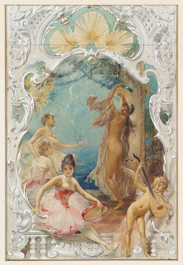 Eduard Veith, Tanz (Entwurf für ein Wandgemälde im Varieté Ronacher, Wien), 1887, Aquarell auf …