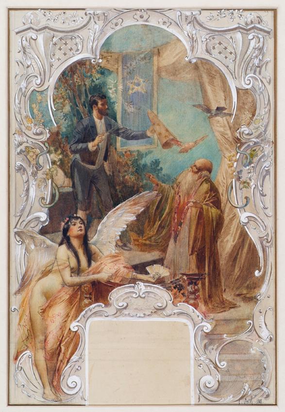 Eduard Veith, Taschenspieler (Entwurf für ein Wandgemälde im Varieté Ronacher, Wien), 1888, Aqu…