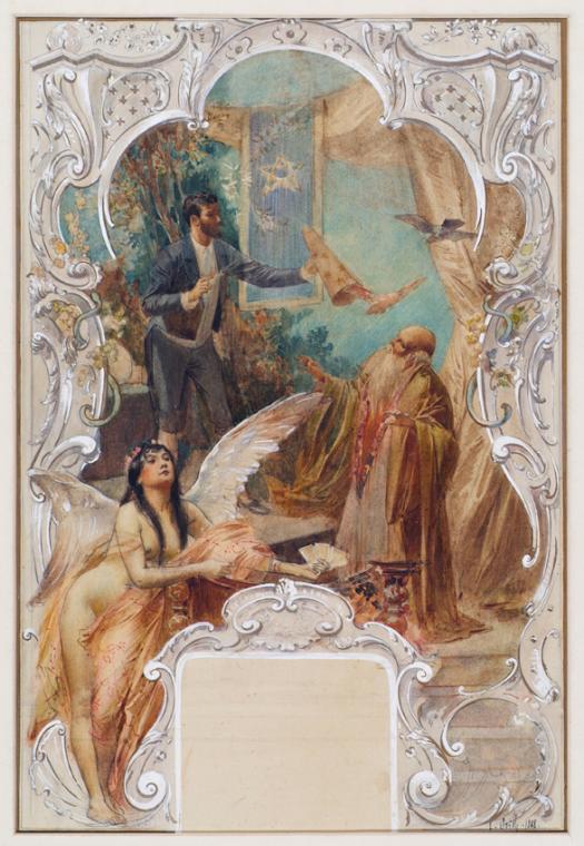Eduard Veith, Taschenspieler (Entwurf für ein Wandgemälde im Varieté Ronacher, Wien), 1888, Aqu…