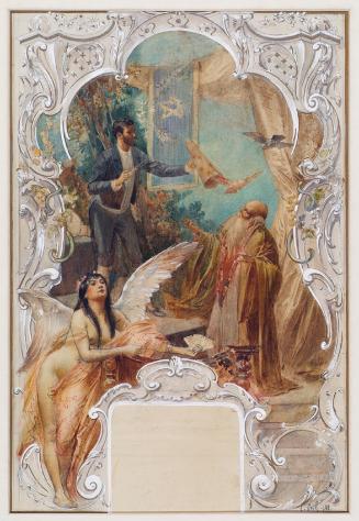 Eduard Veith, Taschenspieler (Entwurf für ein Wandgemälde im Varieté Ronacher, Wien), 1888, Aqu…