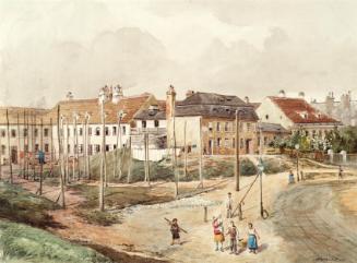 Ferdinand Weckbrodt, Vorstädtischer Bauplatz, undatiert, Aquarell auf Papier, 25 × 34 cm, Belve…