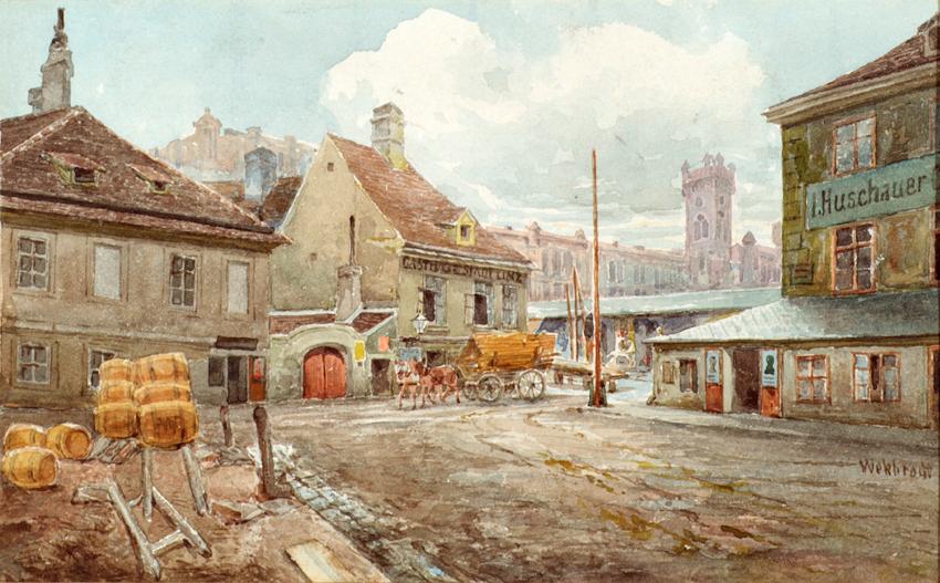 Ferdinand Weckbrodt, Der Tandelmarkt in Wien, undatiert, Aquarell auf Papier, 12,8 × 20,5 cm, B…