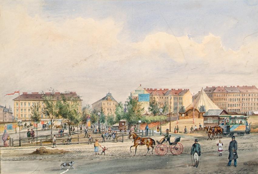Ferdinand Weckbrodt, Die Währinger Linie in Wien, um 1895, Aquarell auf Papier, 30,8 × 45,5 cm,…