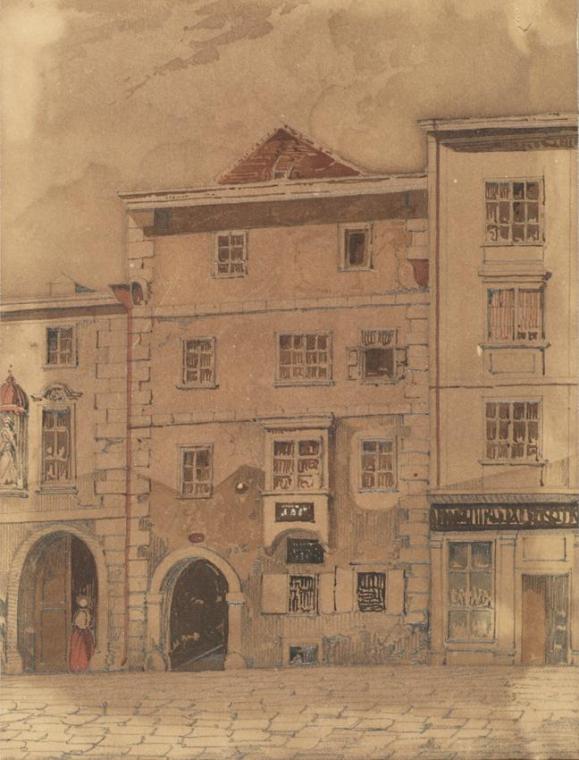 Carl L. Wiesböck, Mozarts Sterbehaus in der Rauhensteingasse in Wien, Bleistift, Aquarell auf P…