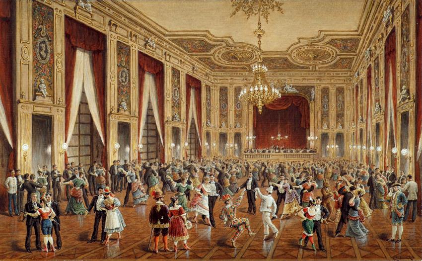 Gustav Zafaurek, Das Schöndorf-Colosseum (Maskenball in Schwender's Colosseum), um 1880, Aquare…