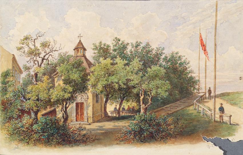 Gustav Zafaurek, Die Brigitta-Kapelle in Wien-Brigittenau, 1891, Aquarell auf Papier, 17,2 × 36…
