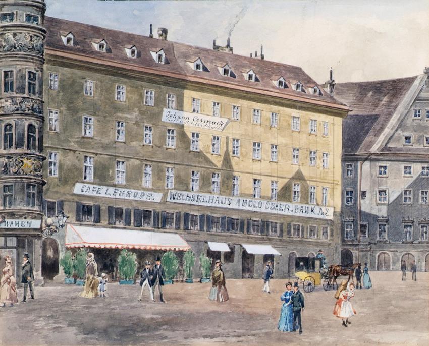 August Gerasch, Die ehemalige Brandstätte am Stephansplatz in Wien mit dem Cafè L'Europe, um 18…