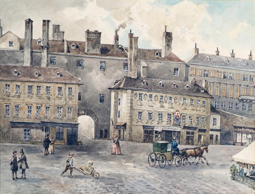 August Gerasch, Der Albertinaplatz mit dem Andreas Hofer-Haus in Wien, undatiert, Aquarell auf …