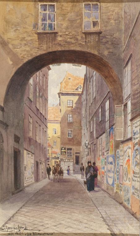 Hans Ludwig Fischer, Die Bäckerstraße in Wien, 1894, Aquarell auf Papier, 27,9 × 17,1 cm, Belve…