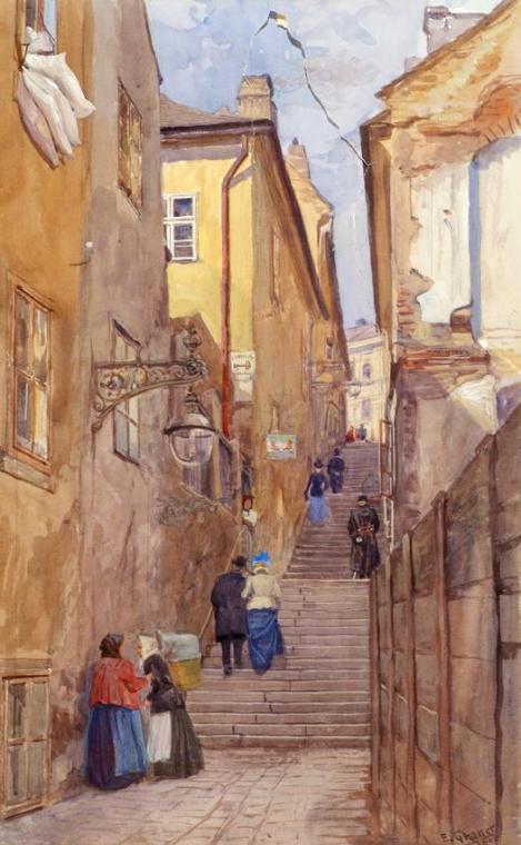 Ernst Graner, Die Bettlerstiege in Wien-Mariahilf, 1900, Aquarell auf Papier, 40,1 × 24,7 cm, B ...