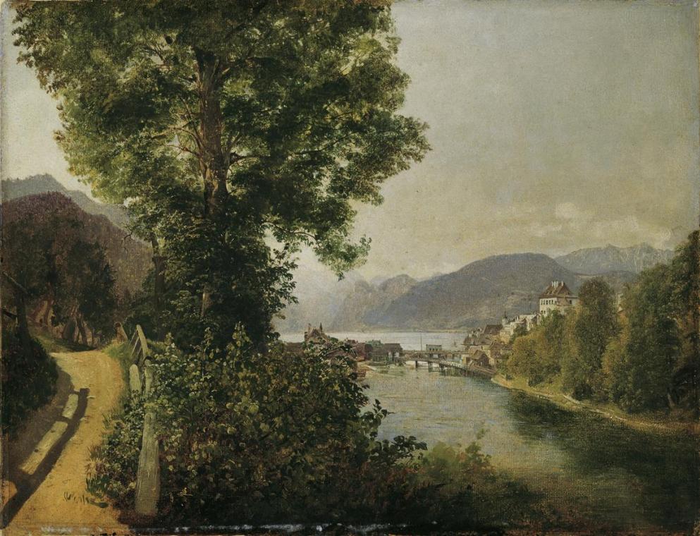 Rudolf von Alt, Blick von der Traun bei Gmunden auf den Traunsee, um 1860, Öl auf Papier auf Le…