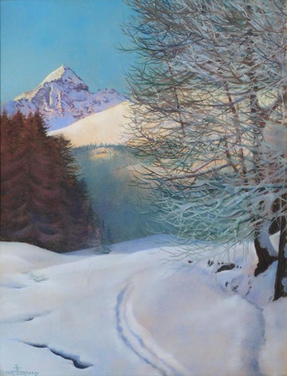 Robert  Herrmann, Winterlandschaft (Spur im Schnee), 1925, Pastell auf Karton, 65,5 x 51 cm, Be…