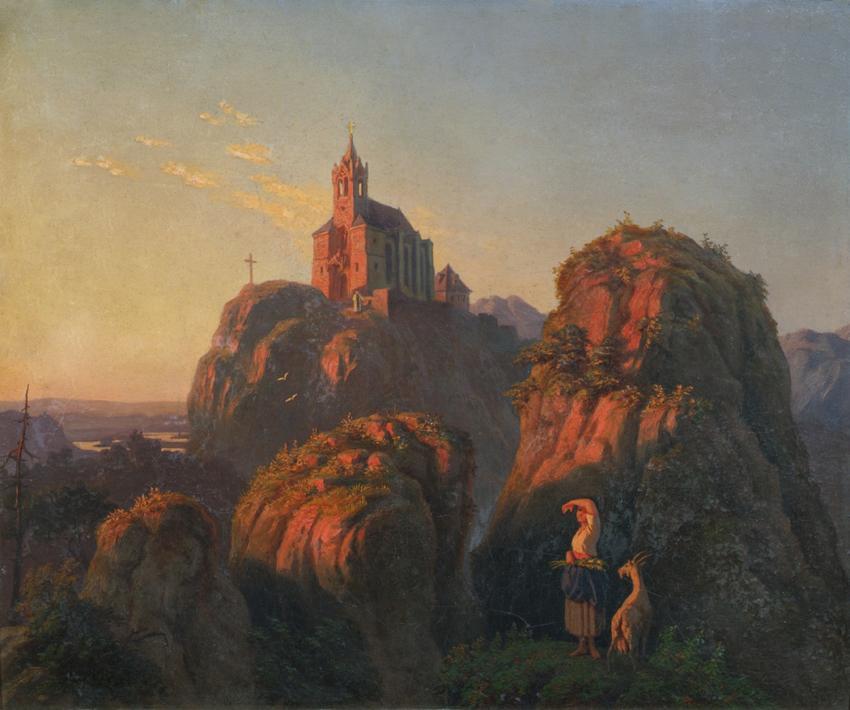 Emil Ludwig Löhr, Landschaft mit Kirche am Abend, 1845, Öl auf Karton, 26,5 x 31,5 cm, Belveder…