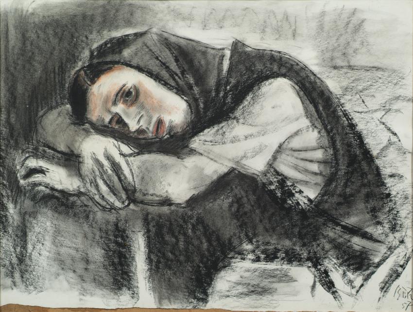 Iosif (Josepf) Iser, Trauernde Frau, 1957, Kohle auf Papier, 45 x 60 cm, Belvedere, Wien, Inv.-…