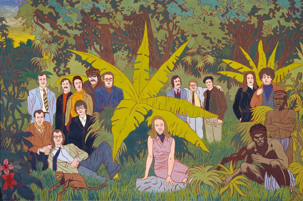 Peter Pongratz, Treffen der Freunde, 1970, Eitempera auf Leinwand, 200 x 300 cm, Artothek des B…