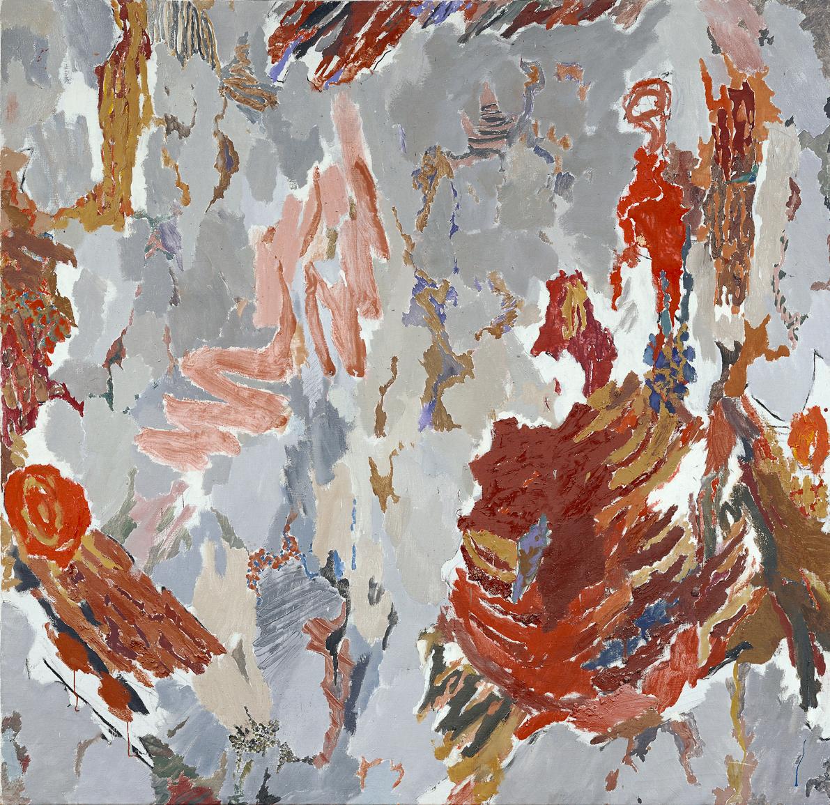 Max Weiler, Strukturen. Rot auf Grau, 1957, Öl auf Leinwand, 197,5 x 205 cm, Artothek des Bunde…