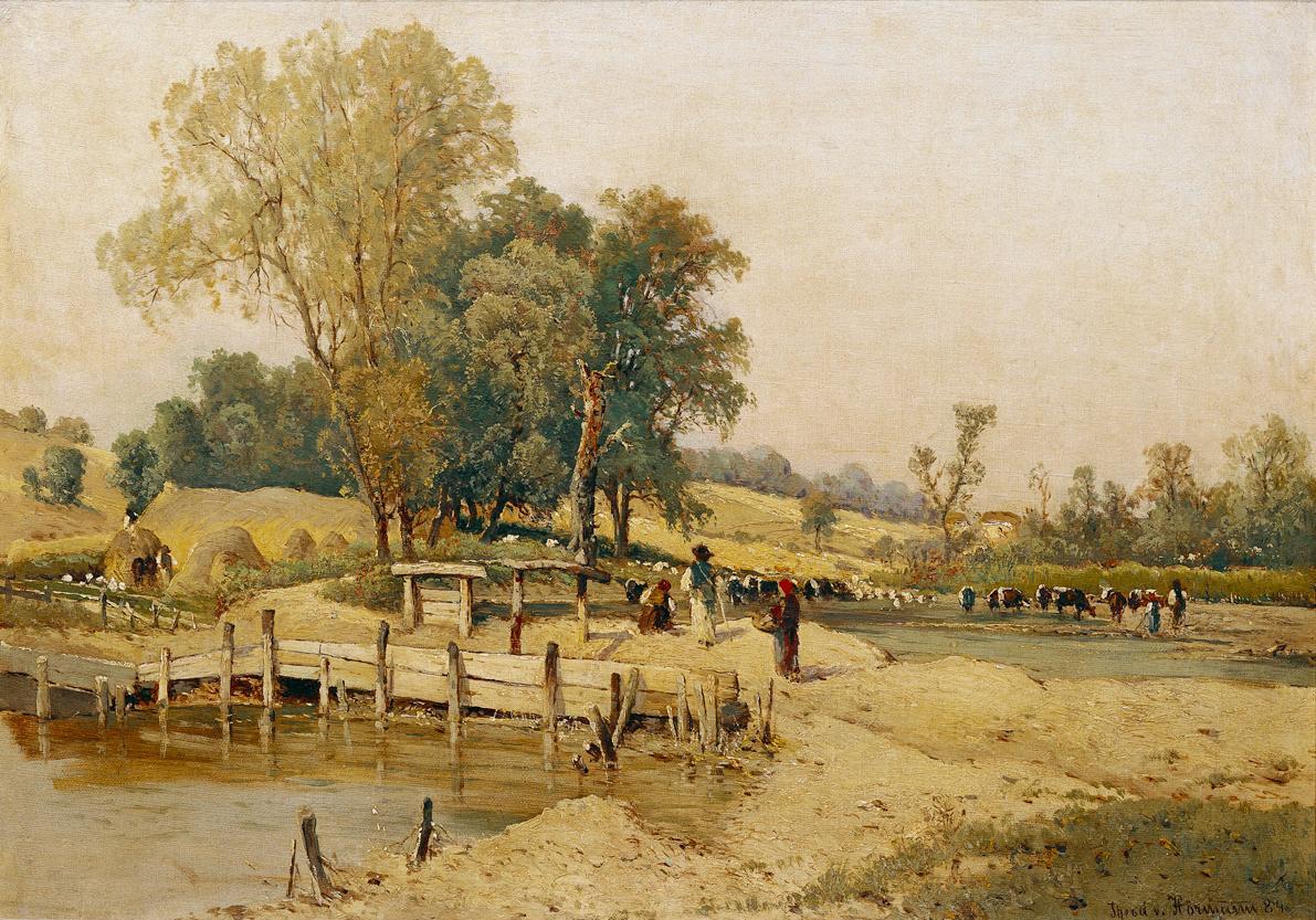 Theodor von Hörmann, Ungarische Landschaft mit Viehtränke, 1884, Öl auf Leinwand, 39 x 55 cm, B…
