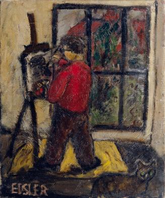 Georg Eisler, Selbstporträt mit Staffelei und Katze, 1944–1945, Öl auf Leinwand, 60,5 x 50,5 cm…