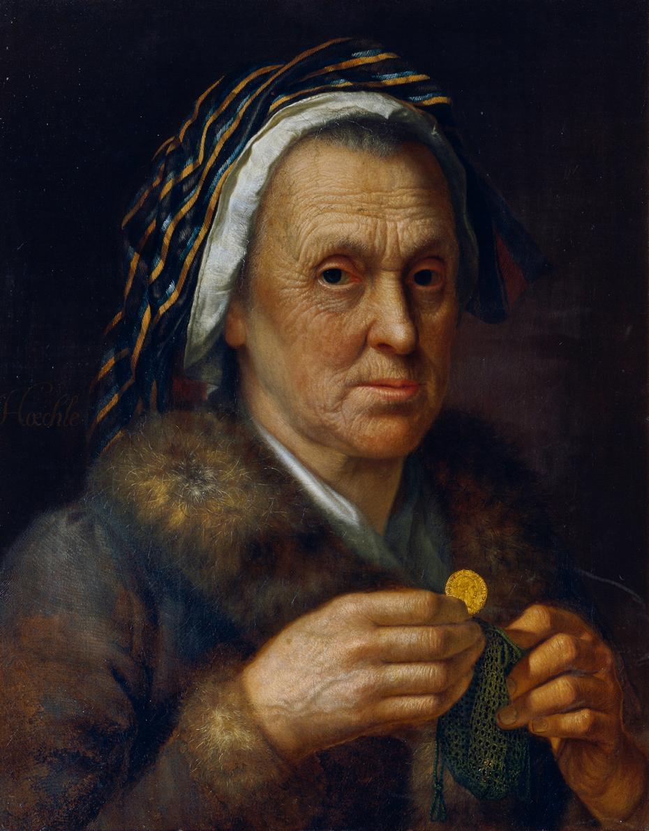 Johann Baptist Hoechle, Alte Frau mit einem Dukaten, vor 1820, Öl auf Leinwand, 47,5 x 39 cm, B…